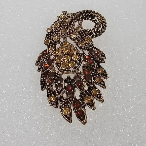 Vintage Yellow Brown Crystal Rhinestone Floral Big Brooch Pin Pendant Gold Tone‎ - Picture 4 of 13
